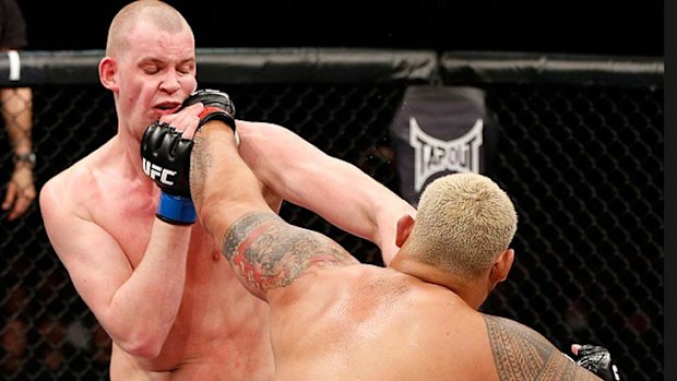 Mark Hunt (left) lands a solid straight left to the chin of Stefan Struve.