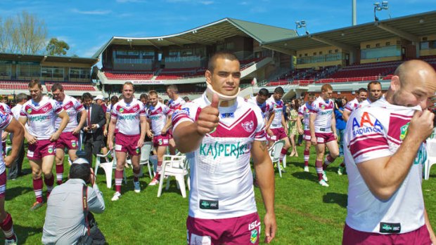 Character: Richie Fa'aoso at Manly's media day at Brookvale Oval still manages to give the thumbs up despite missing the grand final with a broken neck.
