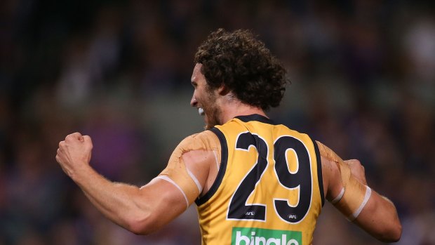 PERTH, AUSTRALIA - JUNE 05: Ty Vickery of the Tigers celebrates a goal during the round 10 AFL match between the Fremantle Dockers and the Richmond Tigers at Domain Stadium on June 5, 2015 in Perth, Australia.  (Photo by Paul Kane/Getty Images)