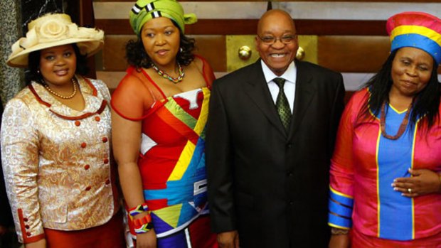 Jacob Zuma with wives Sizakele Khumalo, Nompumelo Ntuli and Thobeka Mabhija.