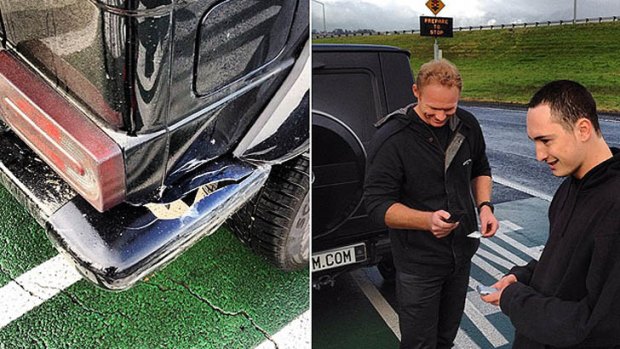 Photos tweeted by Megauplaod founder Kim Dotcom after a minor crash in Auckland.