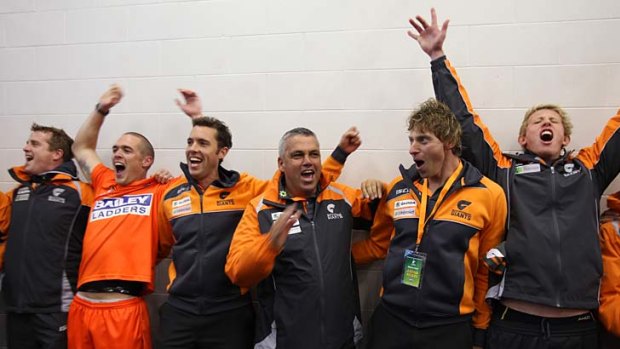 Breakthrough: Mark Williams celebrates after GWS' first victory - something unlikely to be repeated this week.