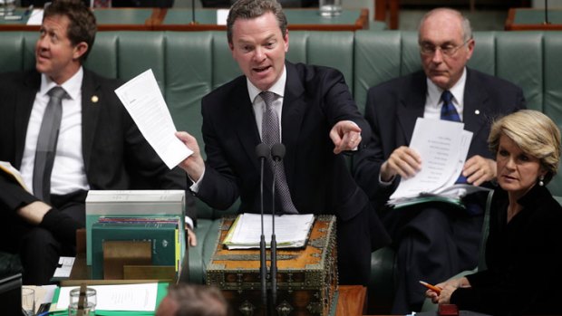Defenders of the faith ... Christopher Pyne and Julie Bishop spruiking Tony Abbott's character.
