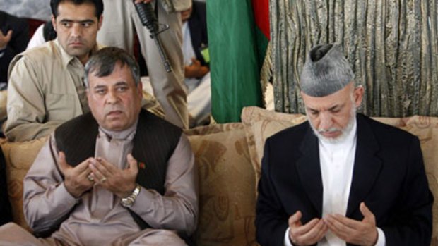 Dangerous ground ... the Governor of Kandahar, Tooryalai  Wesa, left, and Hamid Karzai at the Arghandab headquarters.