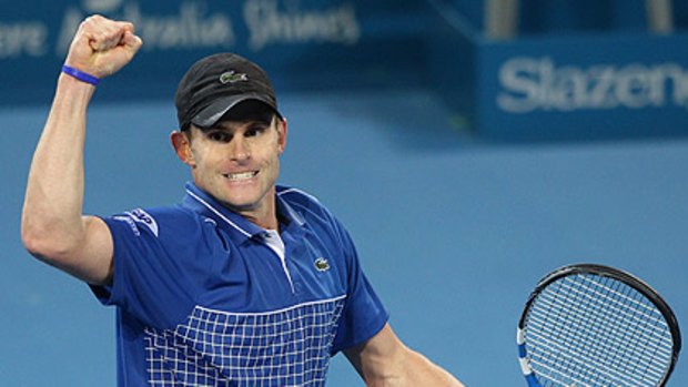 Andy Roddick celebrates his quarter-final victory over Marcos Baghdatis at the Brisbane International last night.