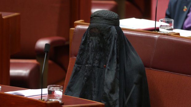 Senator Pauline Hanson wearing a burqa during question time in the Senate.