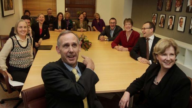 Senator Bob Brown with Greens Party members and parliamentarians yesterday.
