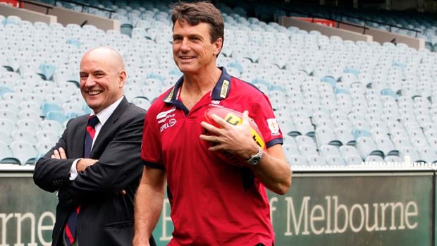 Paul Roos with Melbourne chief executive Peter Jackson after being announced as the club's new coach.