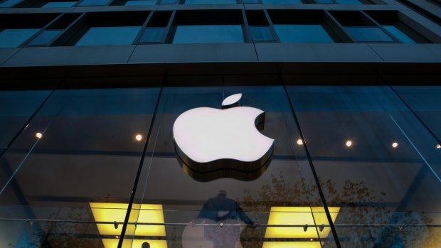 The company's logo is displayed at the Apple Store in Frankfurt, Germany.
