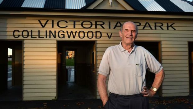 Long time Collingwood Fan and former scoreboard attendent Bob Hill at the turnstiles at Victoria Park.