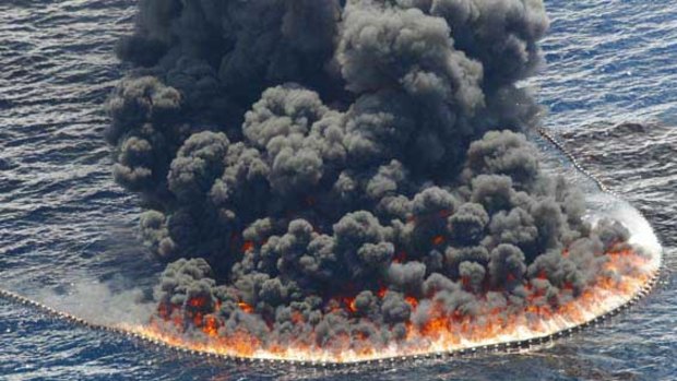 A controlled oil burn near the site of the Deepwater Horizon oil spill in the Gulf of Mexico.