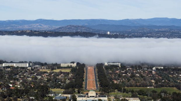 Fog over Canberra at 9.30am this morning.
