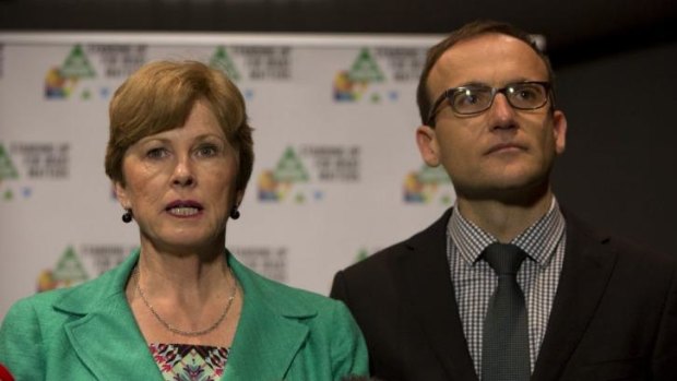 Critical of the government's attempt to rescind protection of 74,000 ha of Tasmanian wilderness ... Australian Greens leader Senator Christine Milne with Deputy Leader Adam Bandt.