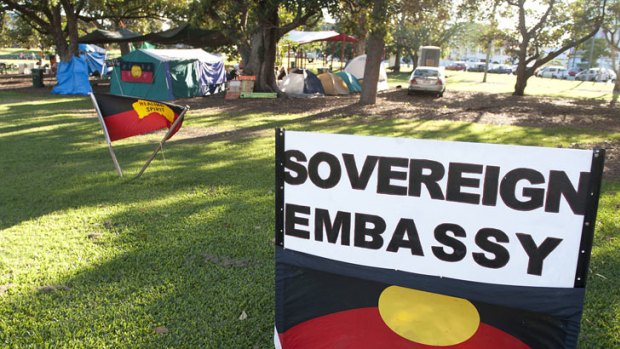 Signage at the Musgrave Park tent embassy on March 31.