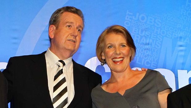 Barry O'Farrell celebrates his win in the state election with wife Rosemary.