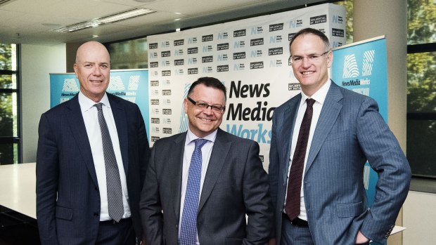 Fairfax Media chief executive Greg Hywood, APN's Australian Regional Media chief executive Neil Monaghan and News Corp Australia executive chairman Michael Miller announce the new advertising revenue measure and NewsMediaWorks rebrand.