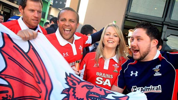 Seeing red ... Wales supporters Jesse Williams, Matthew Power, Alesha Halvey and Gareth Johnston gather at the London Hotel.