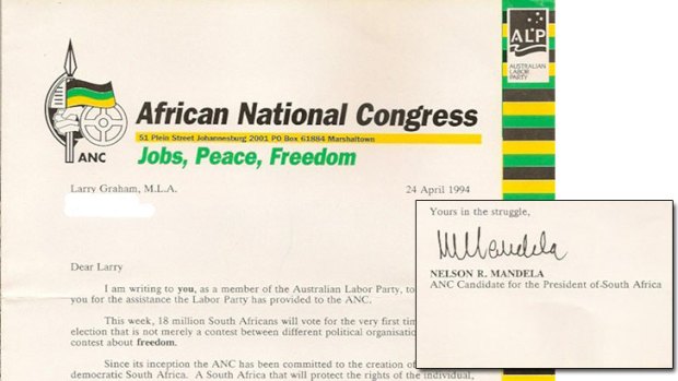 The letter sent to Larry Graham by the ANC and Nelson Mandela.