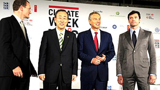 Actor Hugh Jackman, right, stands with UN Secretary-General Ban Ki-moon, second left, the Climate Group CEO Steve Howard, left, and former British prime minister Tony Blair.