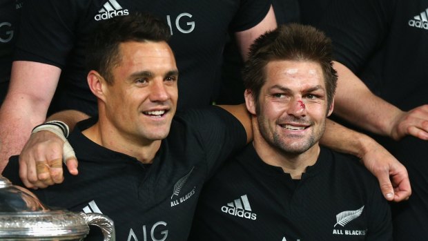 Icons: Dan Carter and All Blacks captain Richie McCaw celebrate after winning the Bledisloe Cup.