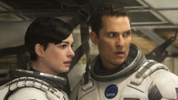 Anne Hathaway as a biotechnologist with Matthew McConaughey in <i>Interstellar</i>.