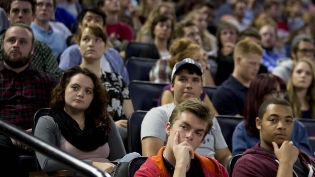 Attendees listen as Senator Bernie Sanders, an independent from Vermont and 2016 Democratic presidential candidate, speaks during a Liberty University Convocation in Lynchburg, Virginia.