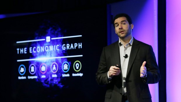 LinkedIn CEO Jeff Weiner speaks during a product announcement.