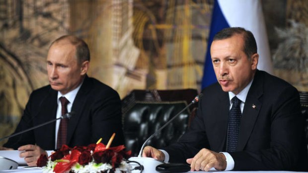 Russian President Viladimir Putin, left, met with Turkish Prime Minister Recep Tayyip Erdogan for talks covering their opposing views on Syria.