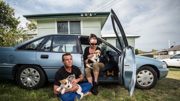 Anthony Cuskelly and Cindy Prior and their home of four years, a Holden sedan.