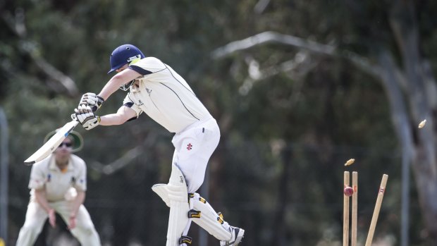 Jackson Long is bowled by Djali Bloomfield at Stirling Oval.