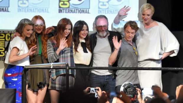 From left: Natalie Dormer, Sophie Turner, Hannah Murray, Carice van Houten, Liam Cunningham, Alfie Allen, and Gwendoline Christie at the <i>Game of Thrones</i> panel.