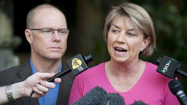 Anna Bligh announcing her resignation from Queensland Parliament alongside husband Greg Withers earlier this year.