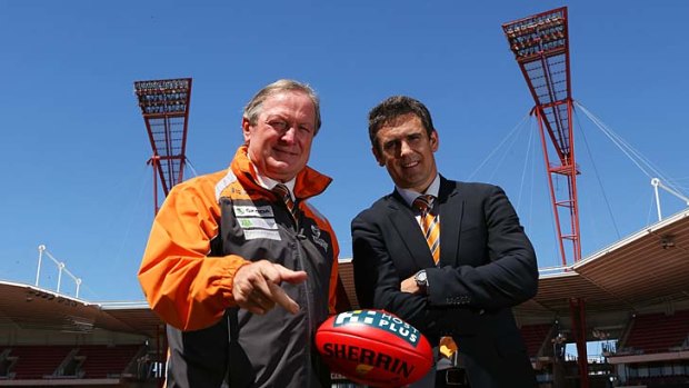 Giants assistant coach Leon Cameron and current head coach Kevin Sheedy at Skoda Stadium.