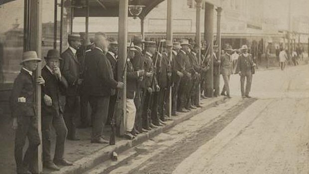 Special constables gathered in Brisbane for the general strike of 1912.