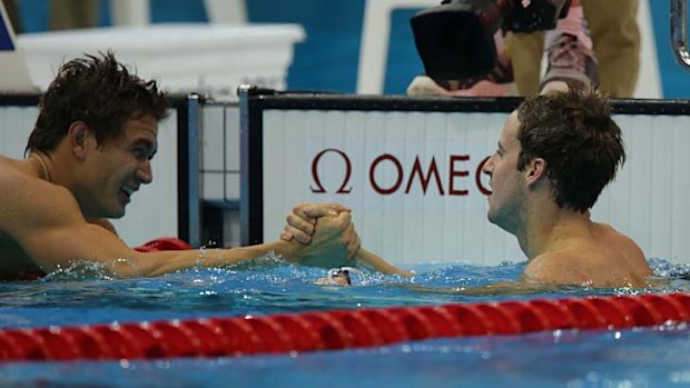 Well done ... James Magnussen congratulates Nathan Adrian.