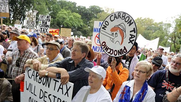 Carbon tax protestors rally in Hyde Park.