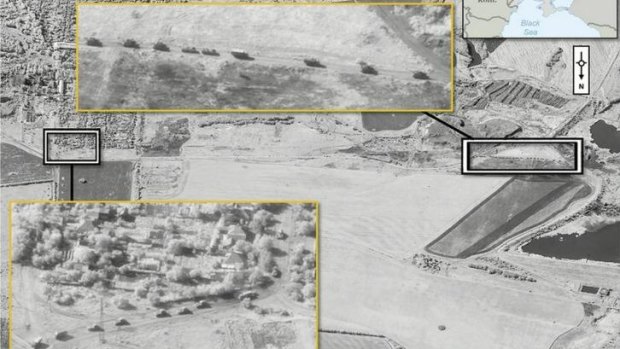 A satellite image provided by Supreme Headquarters Allied Powers Europe (SHAPE) shows what is reported to be Russian Self-Propelled Artillery in Ukraine.