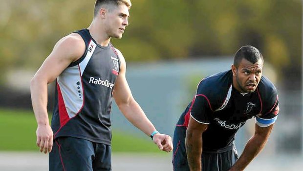 James O'Connor and Kurtley Beale during a training session yesterday.