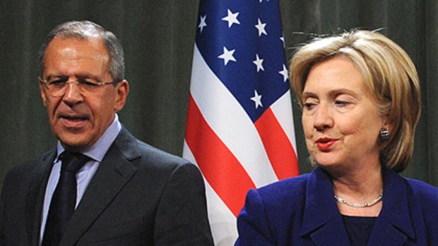 Russian Foreign Minister Sergei Lavrov and US Secretary of State Hillary Clinton after their talks yesterday.