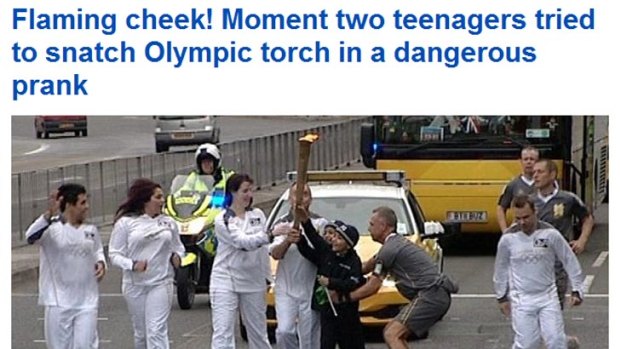 A screengrab from the <a href=http://www.dailymail.co.uk/home/index.html><b>Daily Mail website's</b></a> coverage of the Olympic Torch Relay prank.
