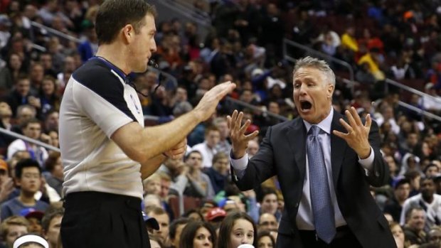 Philadelphia 76ers head coach Brett Brown yells for a timeout to referee Brent Barnaky during a game against the Indiana Pacers in March at Philadelphia. Indiana won 101-94. 