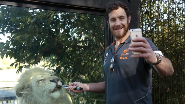 Greater Western Sydney player Shane Mumford takes a selfie while feeding white Lion Jake at the National Zoo and Aquarium.