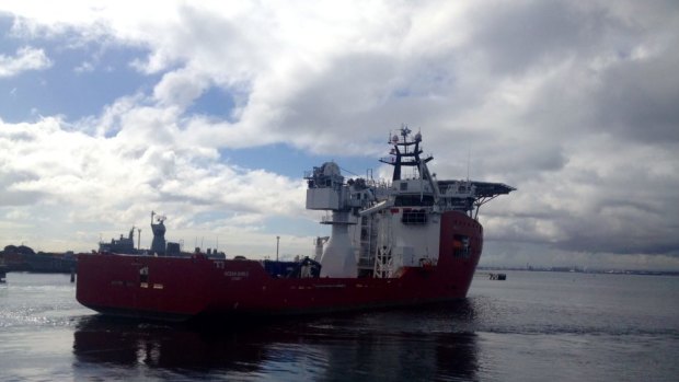 The Ocean Shield leaves Stirling naval base to resume its search for missing airliner MH370.