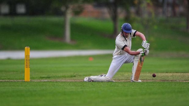 ANU Batsman Cameron Hargraves faces up to the Queanbeyan bowling attack.