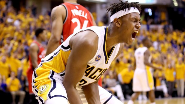 Sweet victory: Myles Turner celebrates as the Pacers square the series up at three wins apiece. 