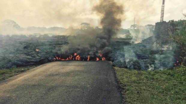 On the move: The lava flow is seen across Apa'a Street, or Cemetery Road near Pahoa.