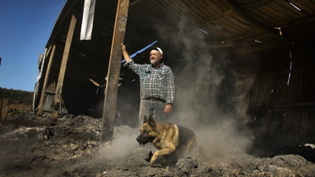 "You can't help feeling abandoned": Farmer Henry Thimm and his dog Hudson at one of the sheds the bushfires destroyed.