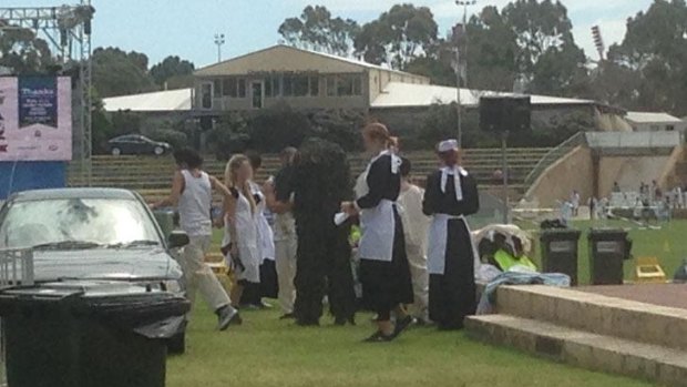 Actors for the attraction arrive at the showgrounds.