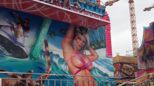 This sign at the Ekka was covered up after complaints about its risque nature.