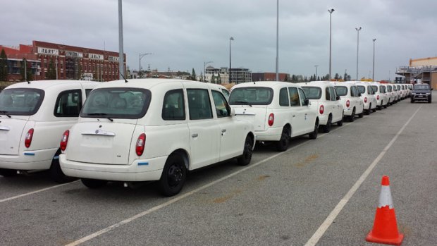 London cabs lined up at Fremantle ready to be rolled out.